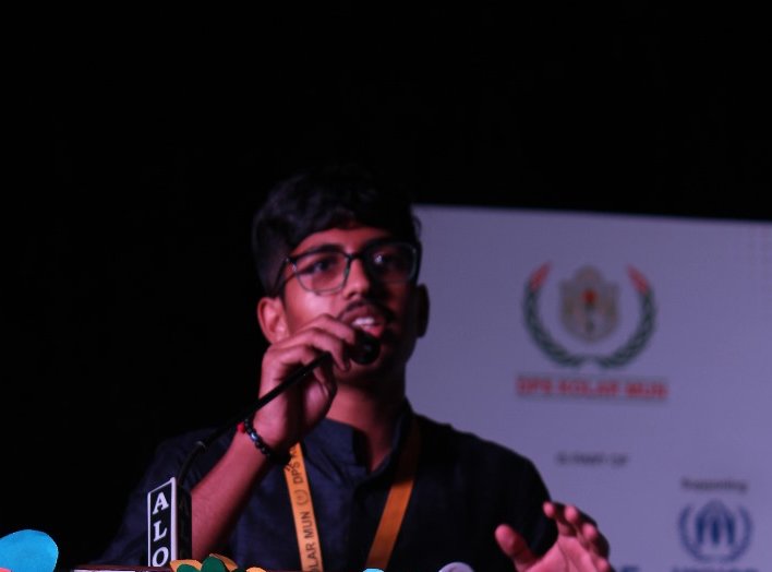 Anuj speaking at DPS Kolar Model UN.